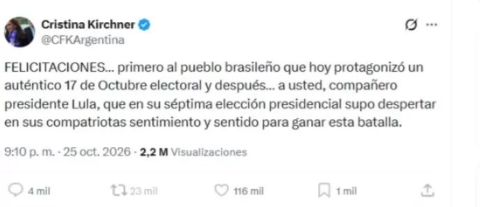Cristina Kirchner felicit� a Lula