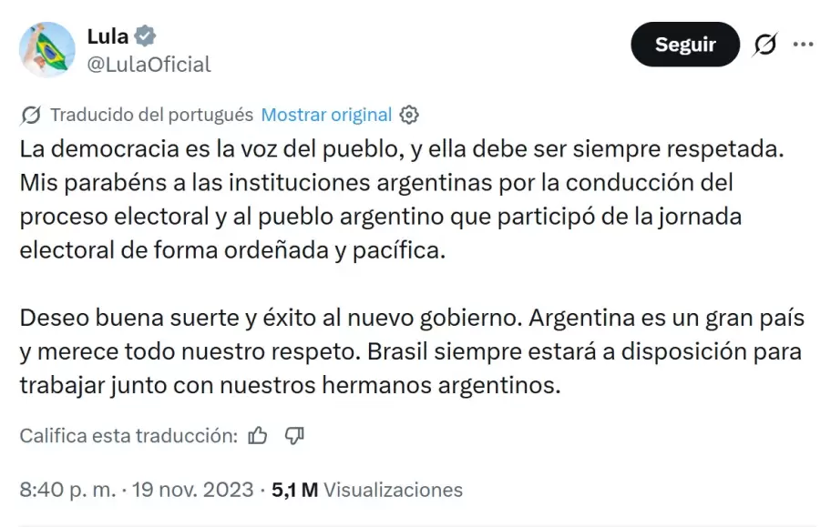 Así fue la felicitación de Lula, tras la victoria de Javier Milei en 2023.