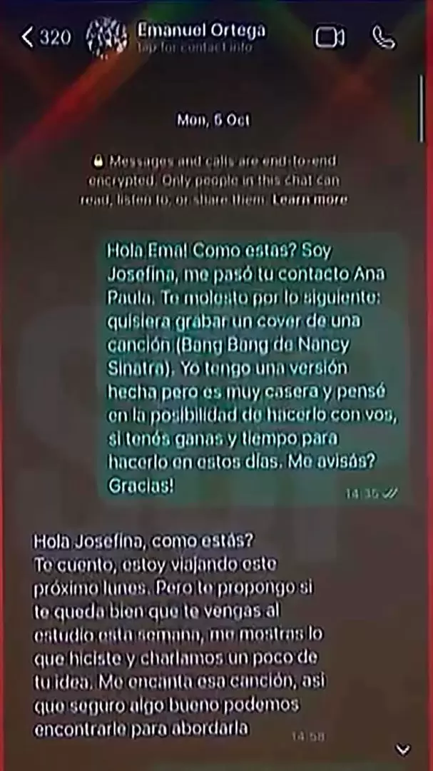 Los chats de Emanuel Ortega y Josefina Lynch