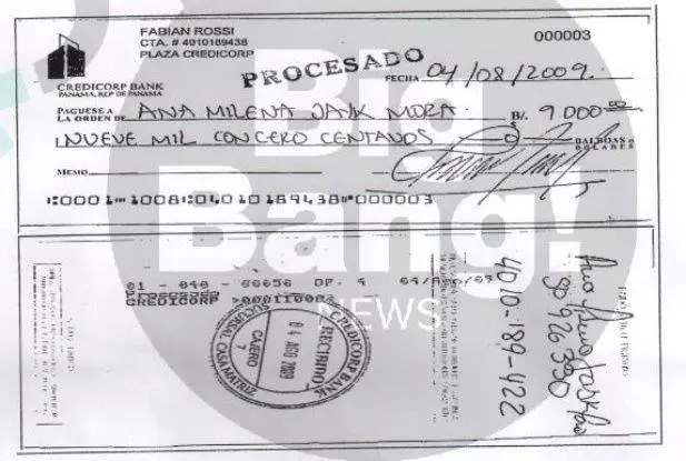 Cheque de Rossi para Ana Milena Jayk Mora