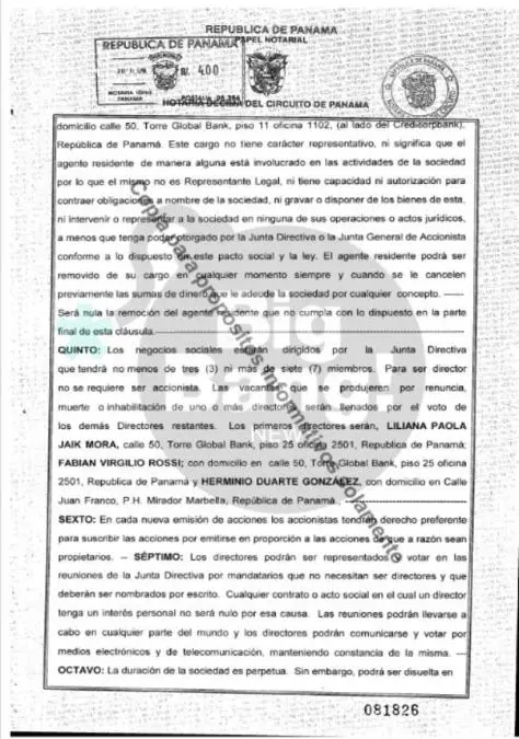 El contrato de Fabin Rossi donde nombra de Presidenta a Liliana Jayk Mora, su supesta amante.