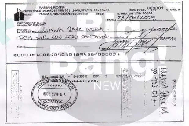 Cheque de Rossi para Liliana Jayk Mora