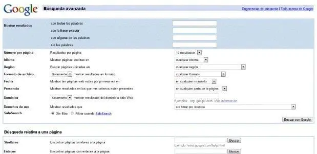 El menú de búsqueda avanzada de Google