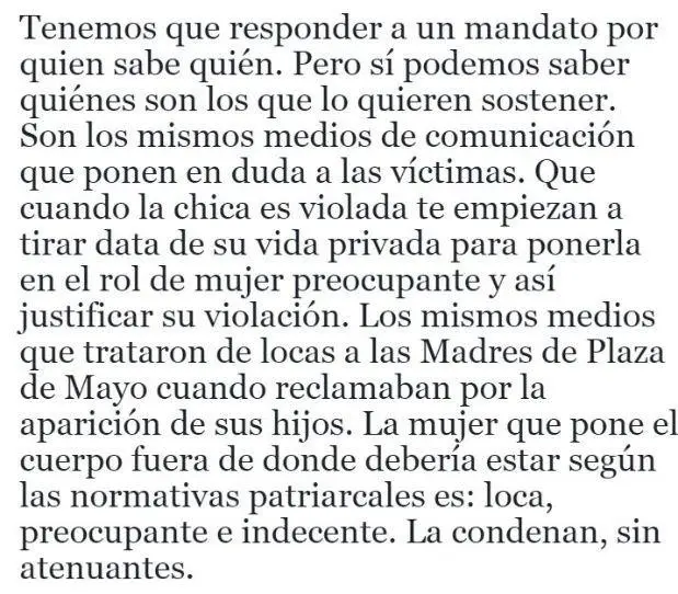 Extracto del texto que escribi Florencia Kirchner en referencia a la segunda marcha del #NiUnaMenos