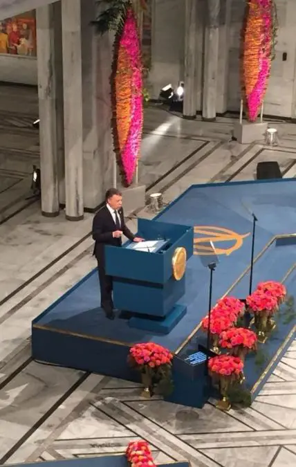 Juan Manuel Santos durante su discurso en Oslo tras recibir el Nobel de la Paz