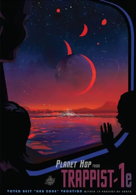 Poster imaginario que grafica cmo sera la vida en Trappist-1e, uno de los tres exoplanetas en la zona habitable