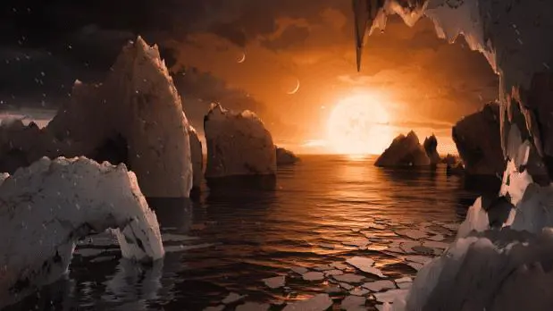 Recreacin artstica de la vista en Trappist-1f, el ltimo de los exoplanetas en la zona habitable