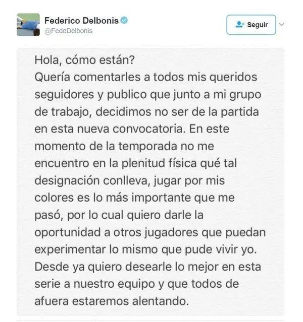 El mensaje de Delbonis cuando se baj de la convocatoria ante Italia