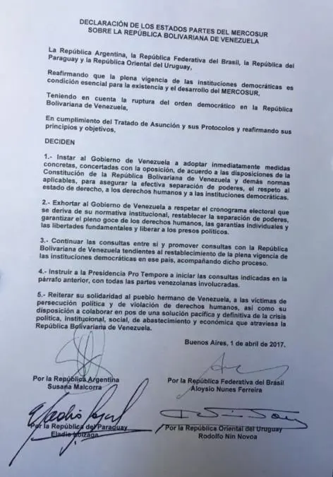 comunicado Mercosur Venezuela