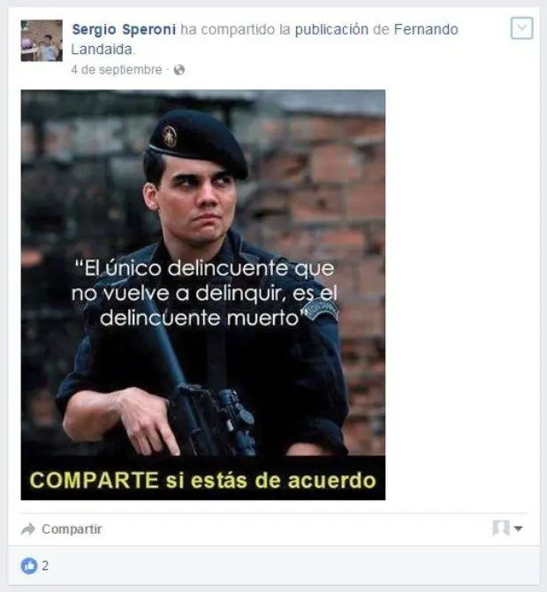 Meme que comparti en su perfil de Facebook el guardiacrcel Sergio Speroni, denunciado por haber violado a un interno con un palo y ahora querer matarlo