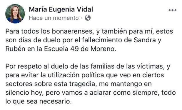 La gobernadora bonaerense comparti su mensaje desde las redes sociales.