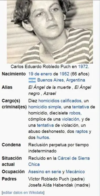 La 'ocupacin' de Robledo Puch es, segn Wikipedia, 'asesino serial y mecnico'.