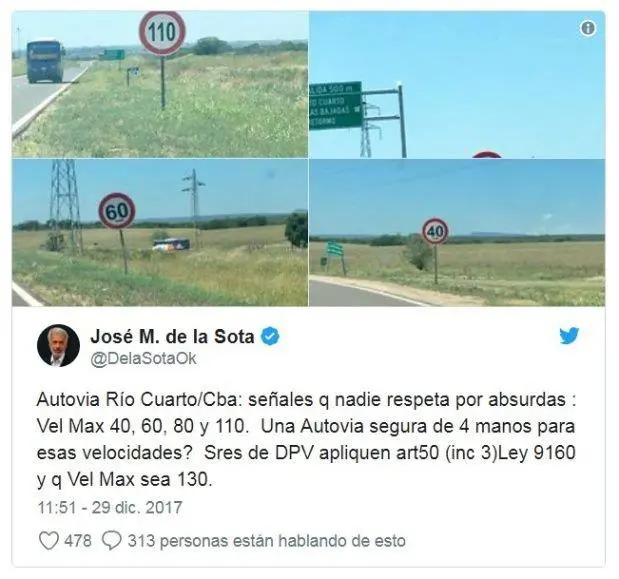 El tweet en el que De la Sota se quejaba de los lmites de velocidad de la autova 36.