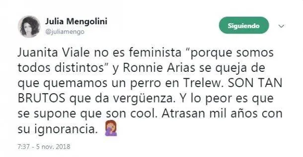El feroz tweet de Mengolini contra Juana Viale.