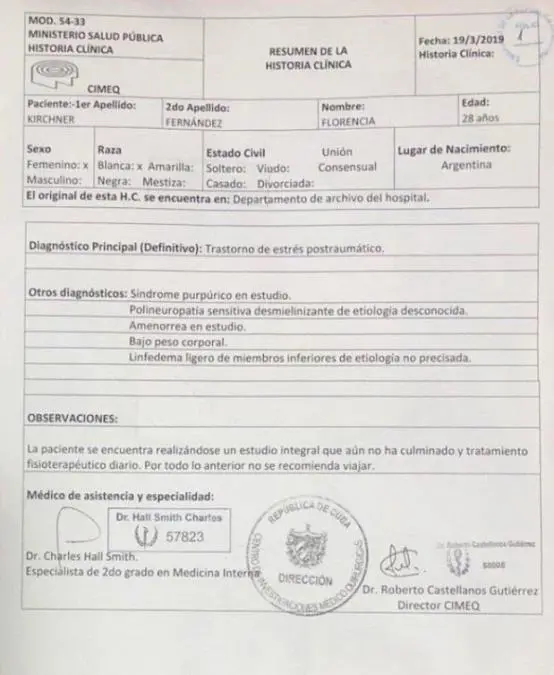 El documento mdico que comparti Cristina Kirchner desde Cuba.