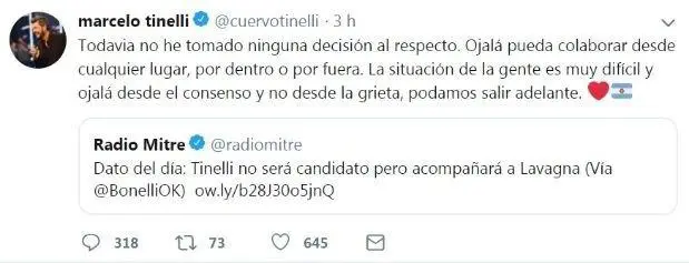 El tweet de Marcelo Tinelli despus de la entrevista de Mauricio Macri.