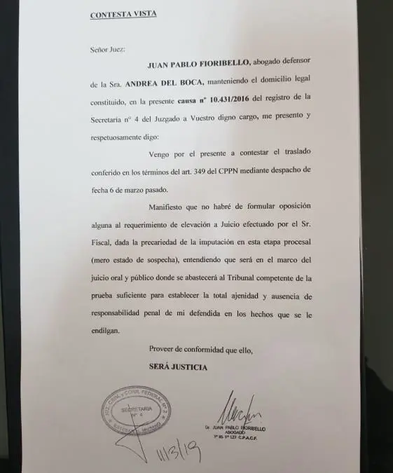 La carta con la que Fioribello, como representante legal de Del Boca, demostr su conformidad con el inicio del juicio. 