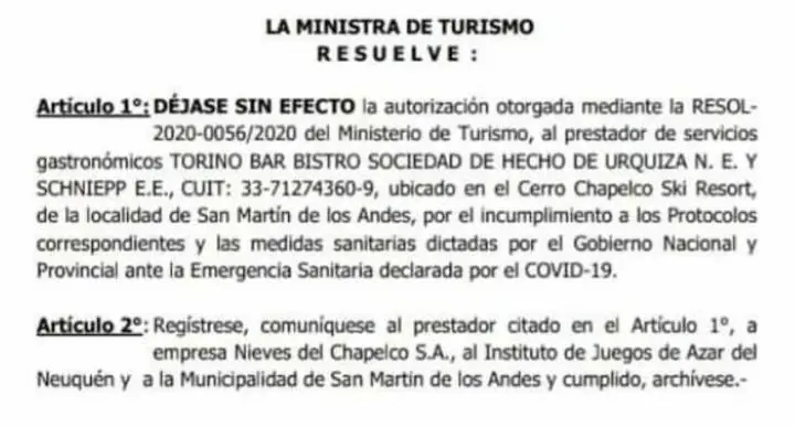 La resolucin del Ministerio de Turismo de Neuqun.